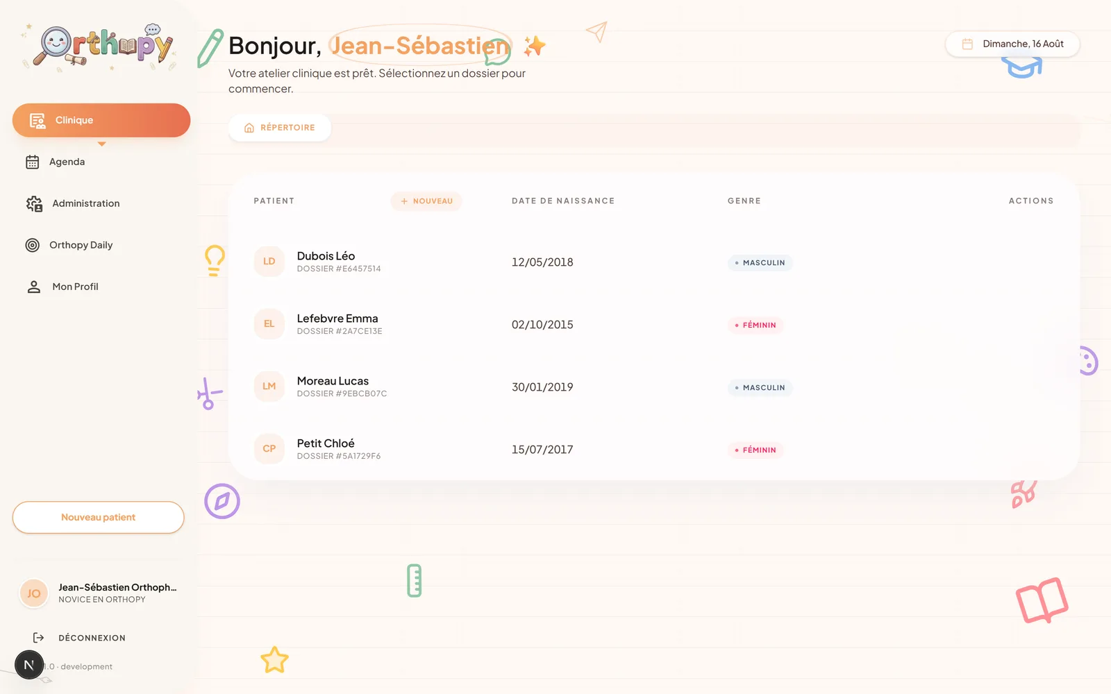 Répertoire des patients d'Orthopy avec quatre dossiers fictifs
