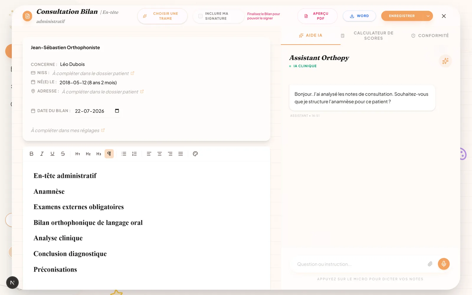 Éditeur de compte-rendu d'Orthopy avec le copilote ouvert sur le côté