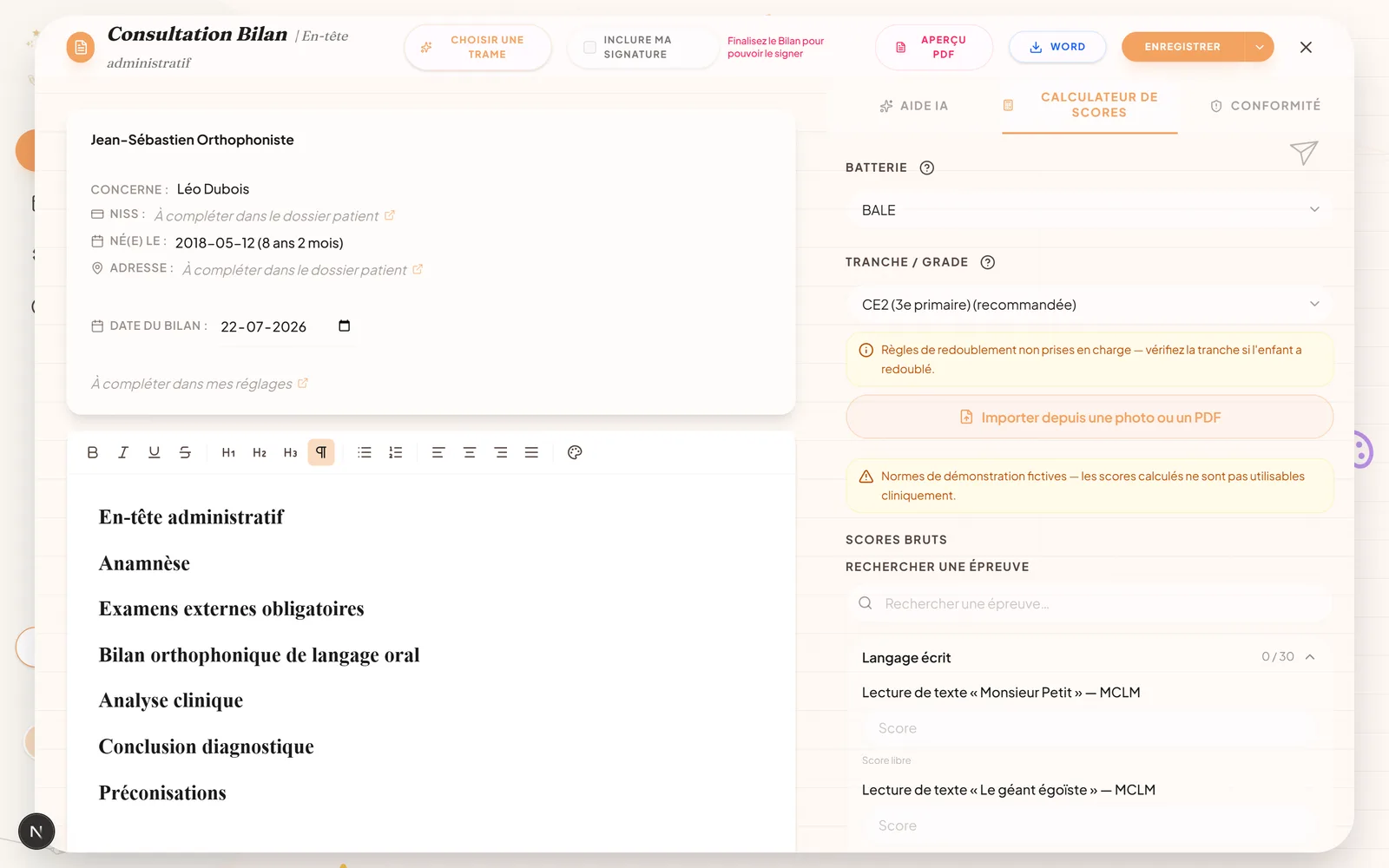 Calculateur de scores d'Orthopy : batterie BALE, tranche recommandée et avertissements