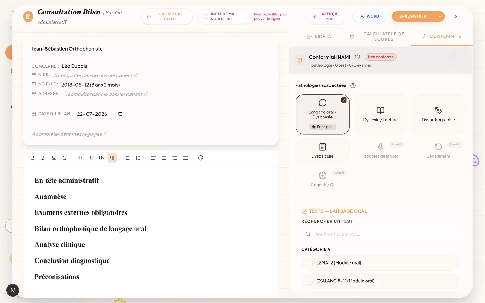 Panneau de conformité INAMI d'Orthopy listant les pathologies suspectées et les tests par catégorie